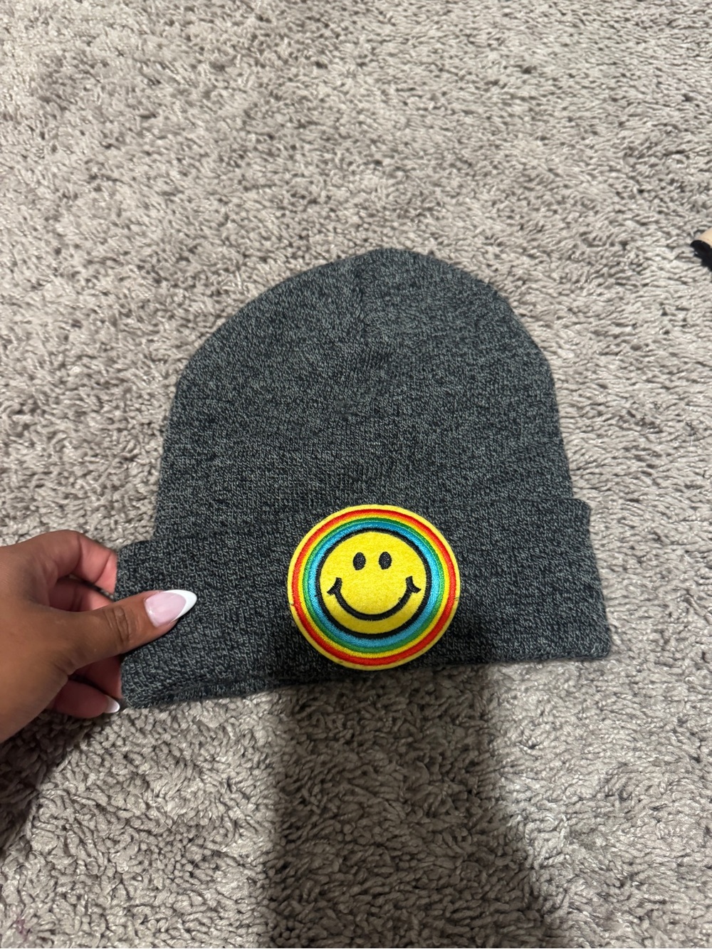 Women’s Gray Beanie with Rainbow Smiley Patch